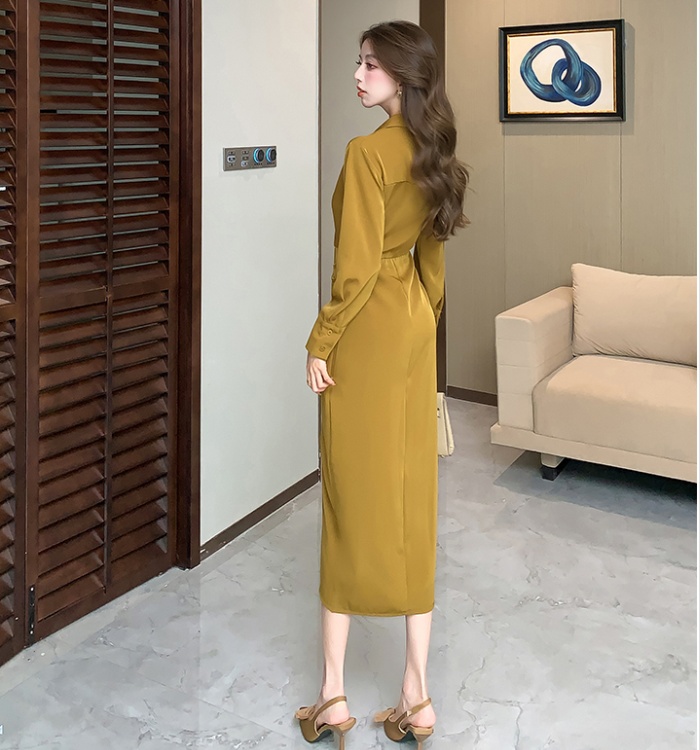 Lapel single-breasted long dress package hip dress