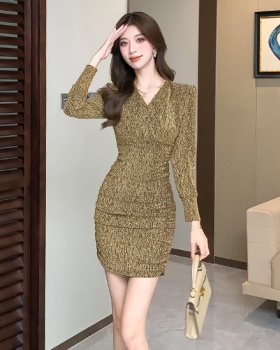 Tight package hip long sleeve V-neck liangsi dress