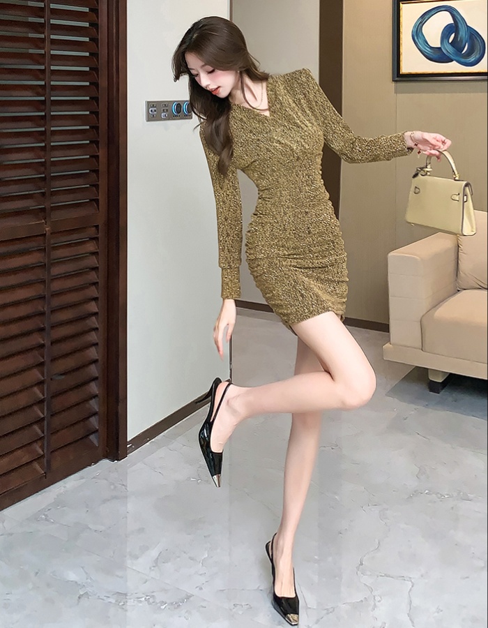 Tight package hip long sleeve V-neck liangsi dress