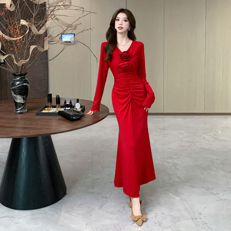 Autumn package hip dress pleated fashion long dress