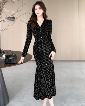 Fashion autumn long dress golden velvet dress