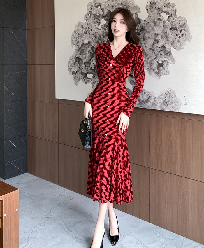 Fashion autumn long dress golden velvet dress