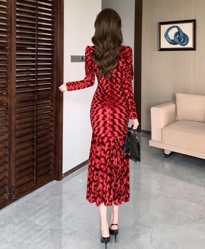 Fashion autumn long dress golden velvet dress