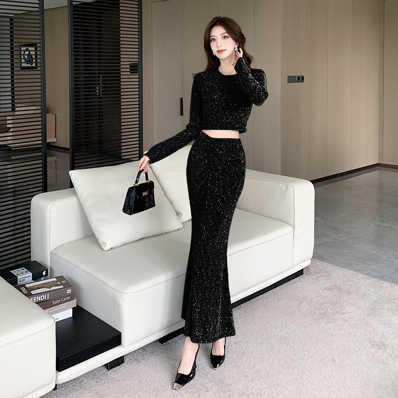 Autumn liangsi tops temperament fashion long skirt 2pcs set