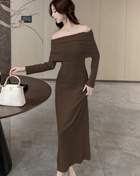 Slim flat shoulder long dress autumn dress