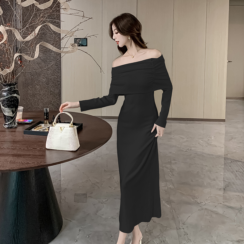 Slim flat shoulder long dress autumn dress