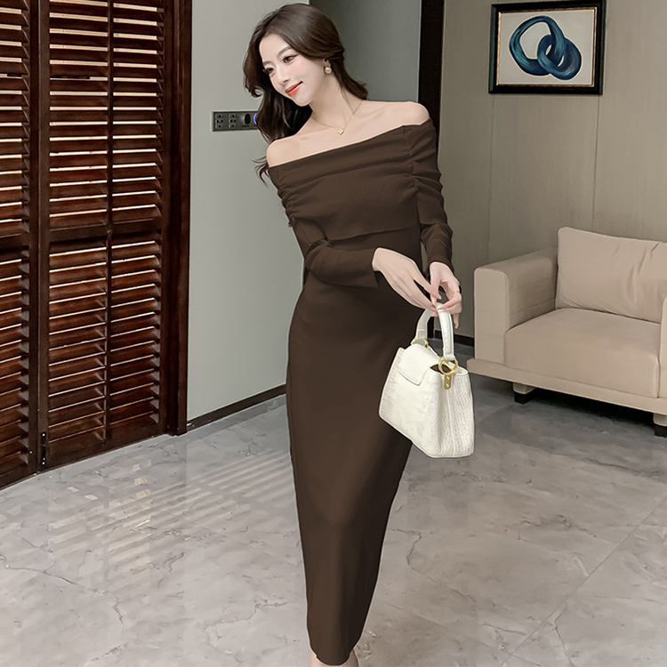 Slim flat shoulder long dress autumn dress