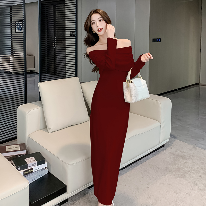 Slim flat shoulder long dress autumn dress