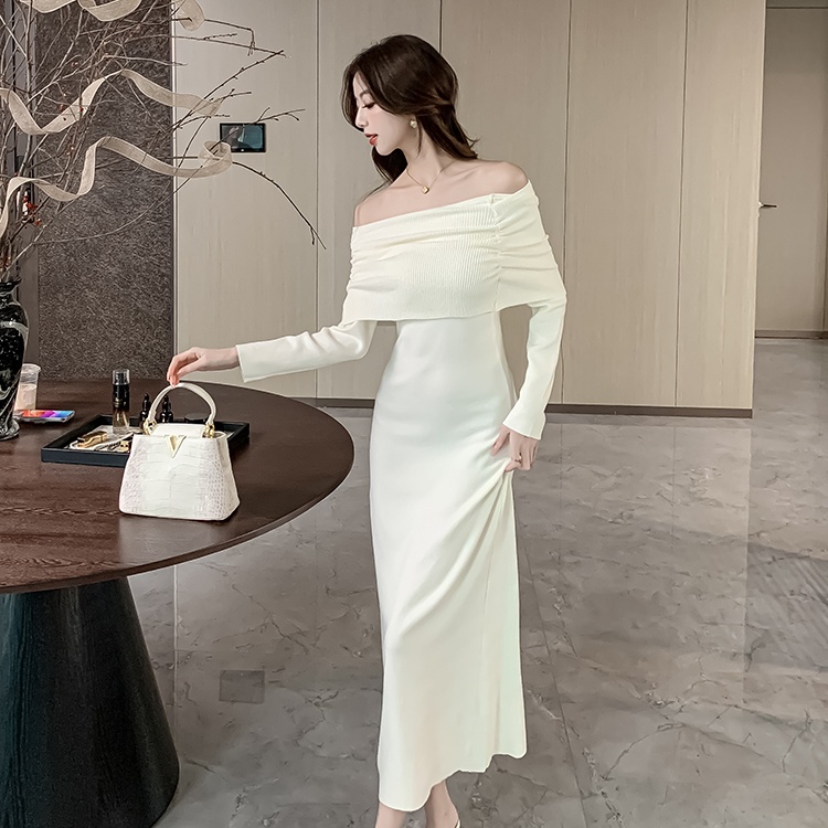 Slim flat shoulder long dress autumn dress