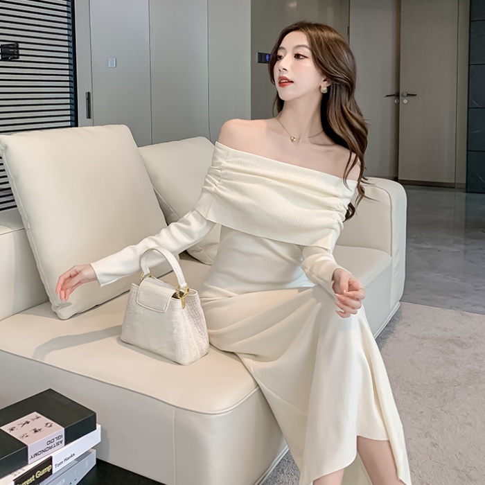 Slim flat shoulder long dress autumn dress