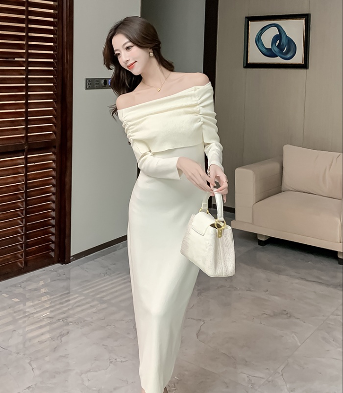 Slim flat shoulder long dress autumn dress