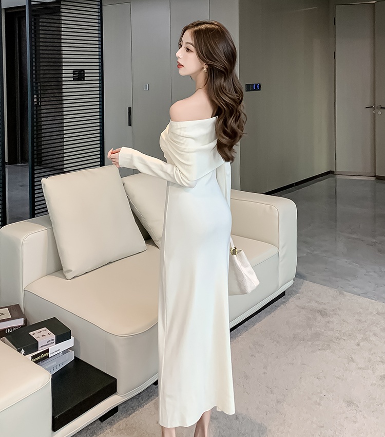 Slim flat shoulder long dress autumn dress