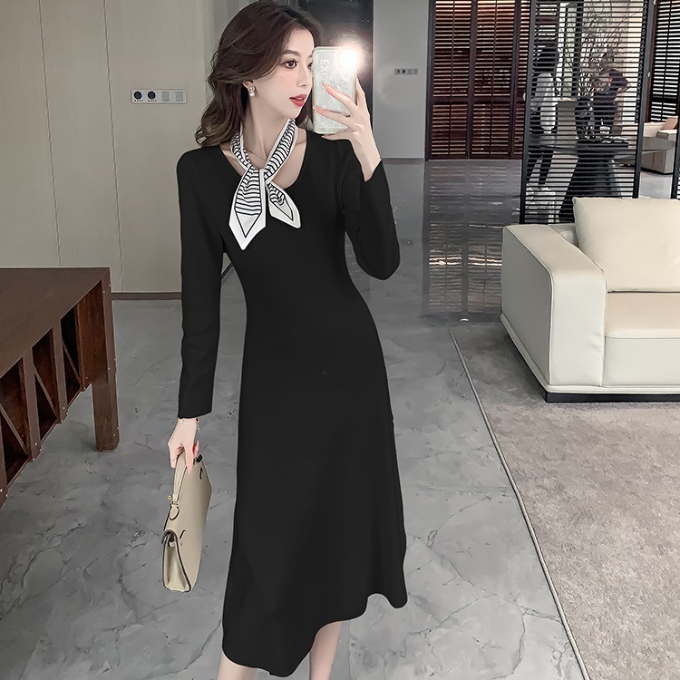 Long sleeve high waist scarf knitted simple dress