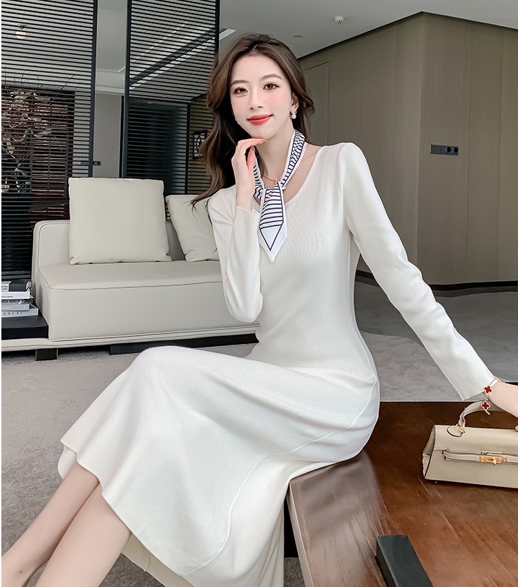 Long sleeve high waist scarf knitted simple dress