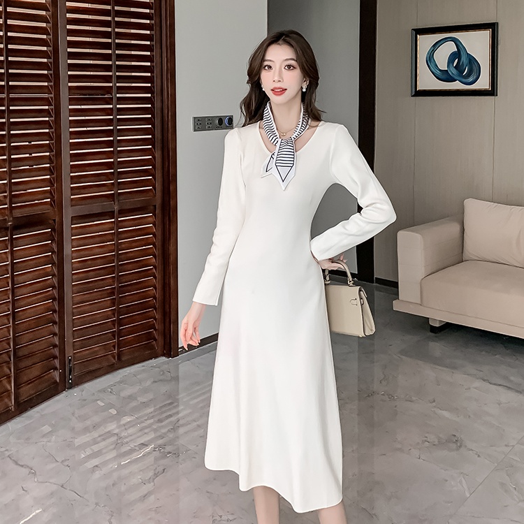 Long sleeve high waist scarf knitted simple dress