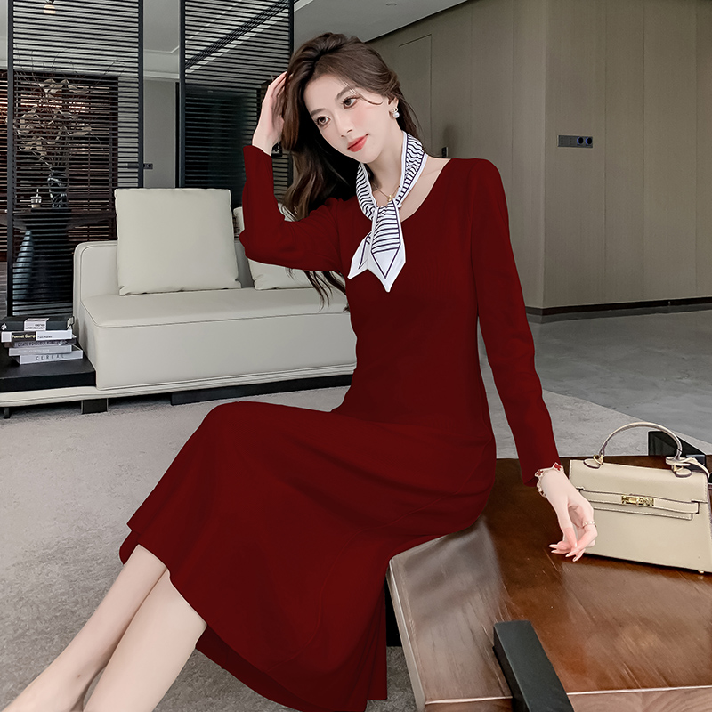 Long sleeve high waist scarf knitted simple dress