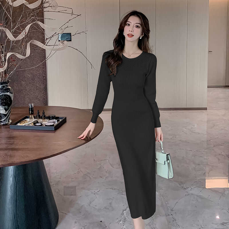 Bottoming round neck dress slim long sleeve overcoat