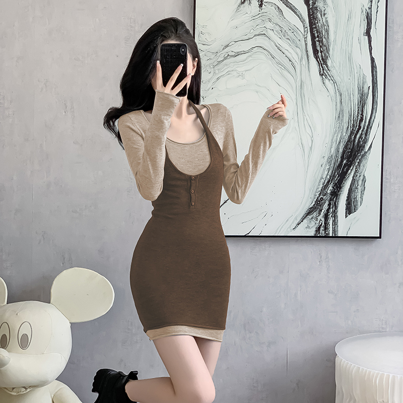 Enticement France style splice knitted Pseudo-two dress