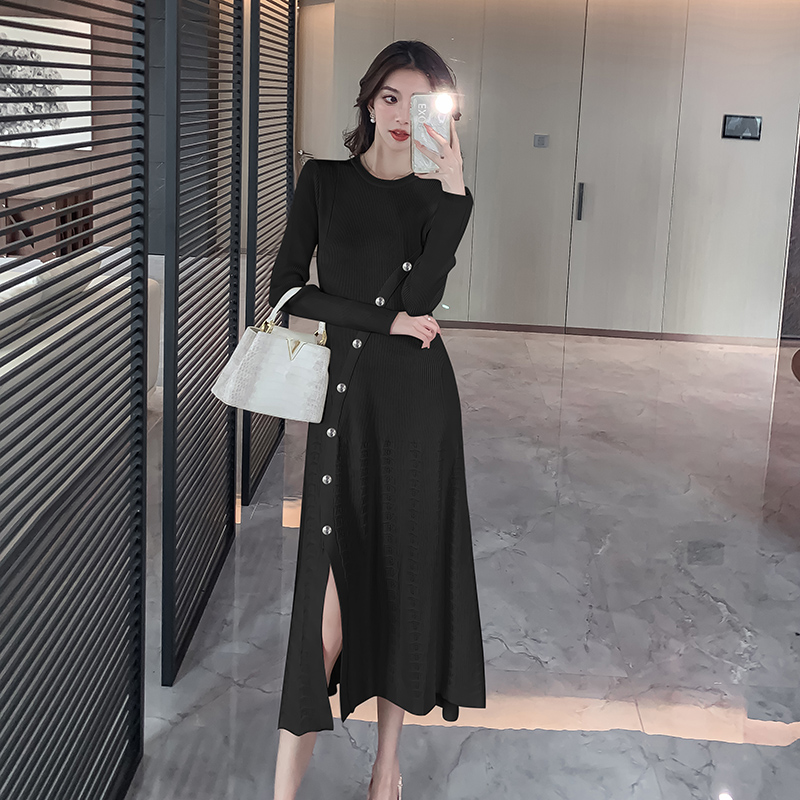 Temperament retro slim dress split knitted long dress