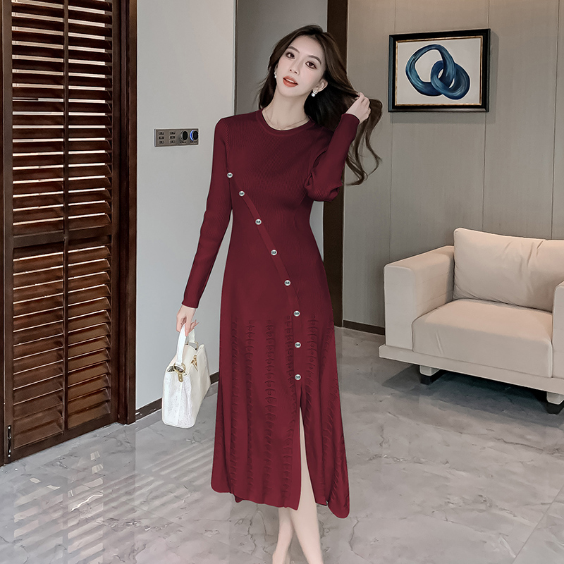 Temperament retro slim dress split knitted long dress