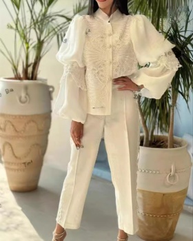 Straight shirt puff sleeve long pants a set