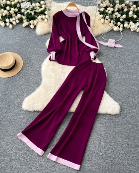 Knitted tops round neck long pants 2pcs set