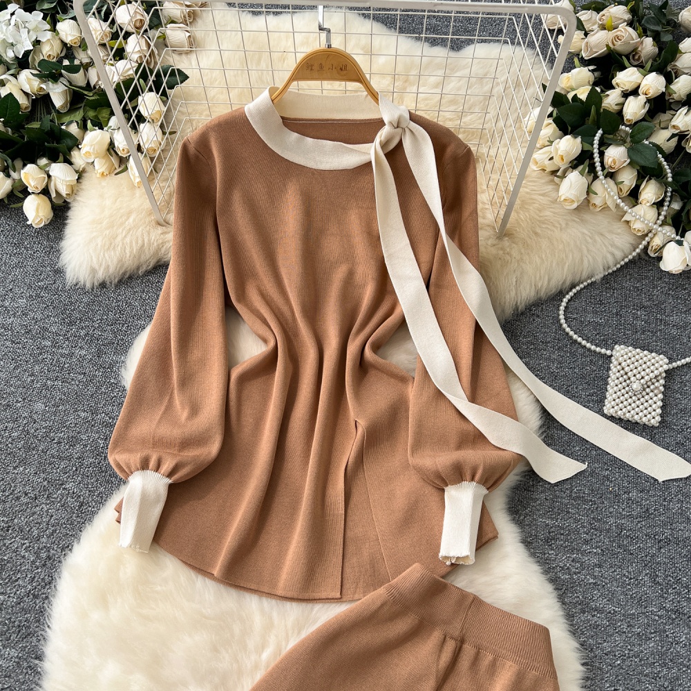 Knitted tops round neck long pants 2pcs set