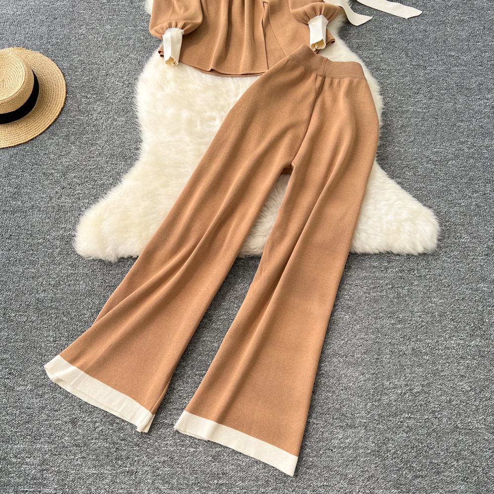 Knitted tops round neck long pants 2pcs set