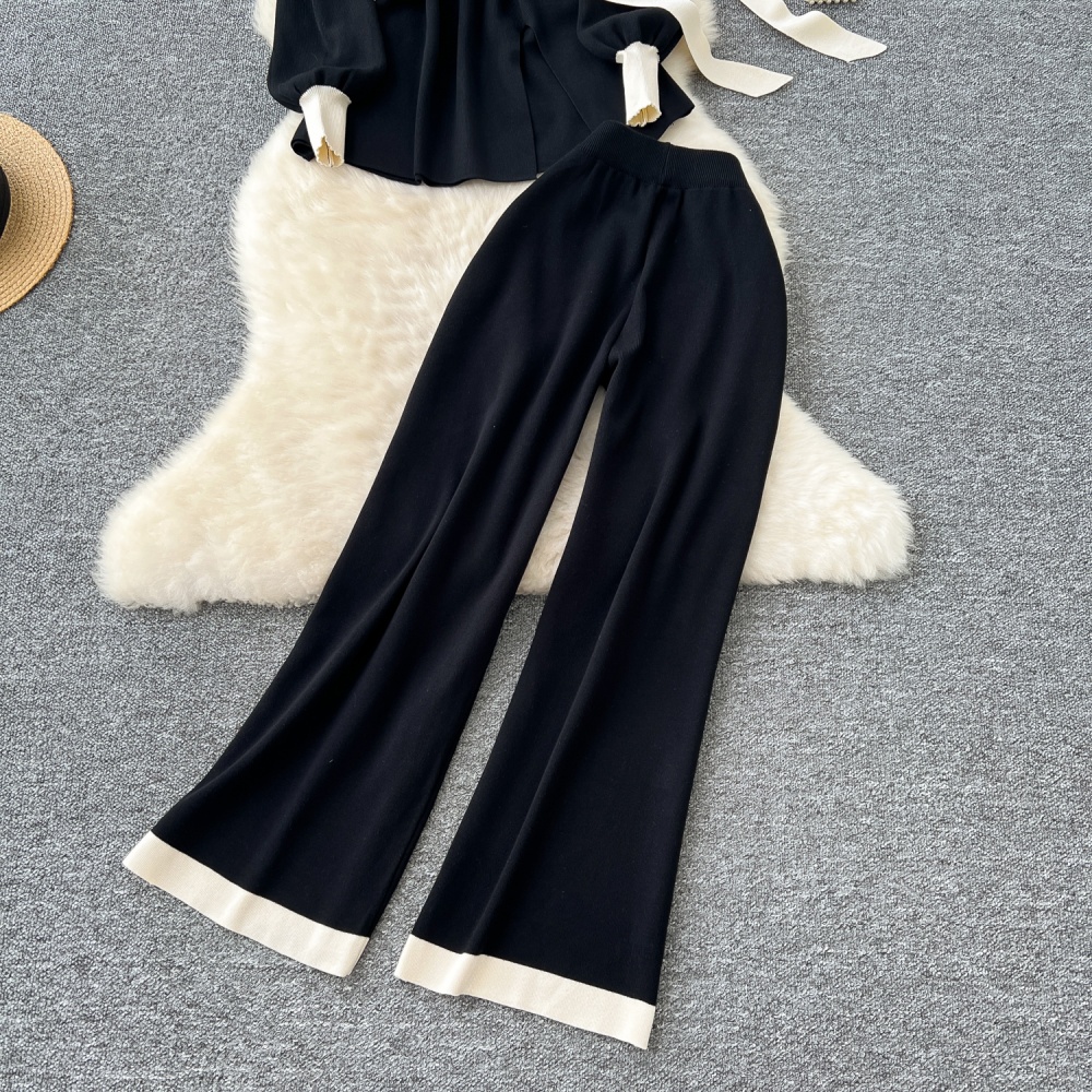 Knitted tops round neck long pants 2pcs set