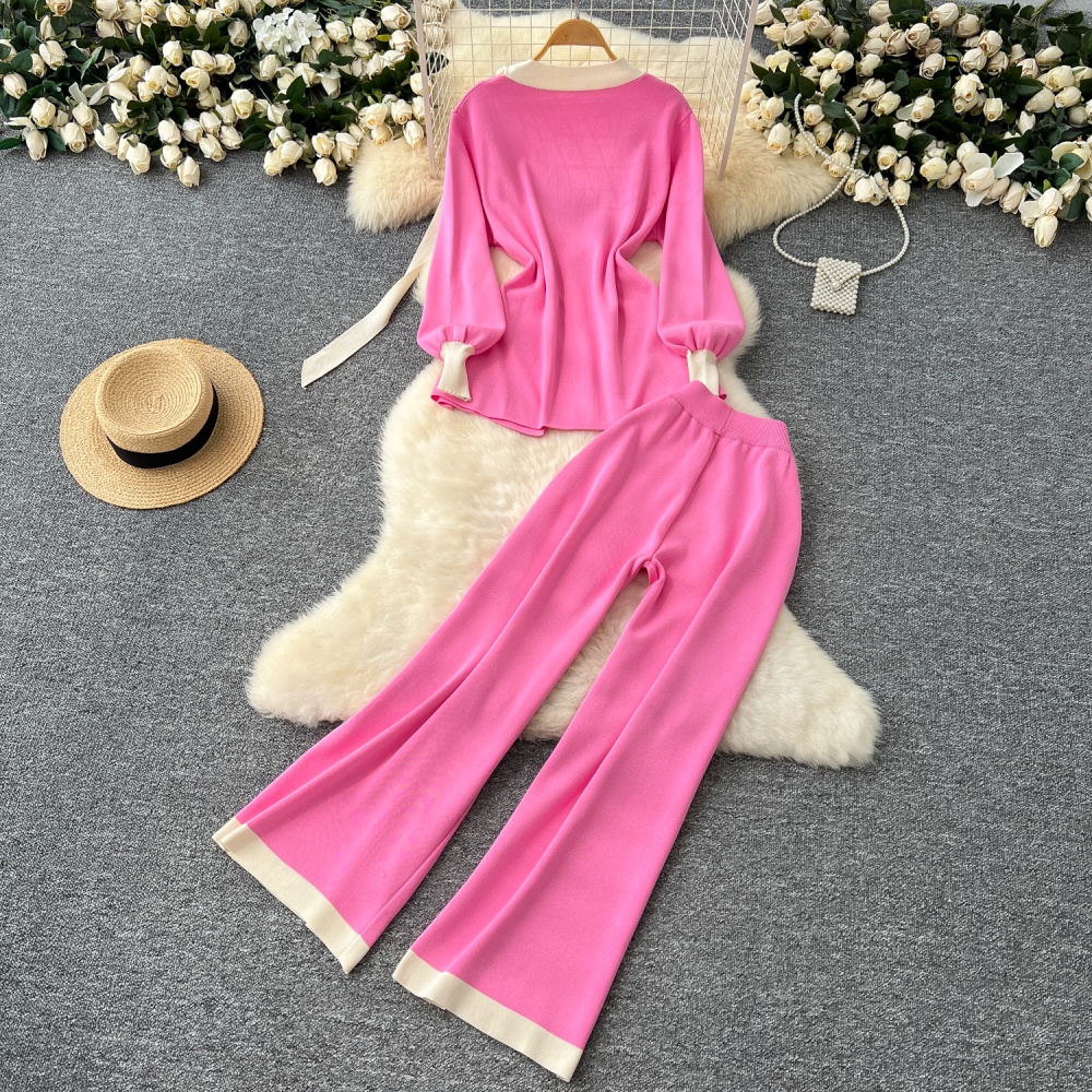 Knitted tops round neck long pants 2pcs set