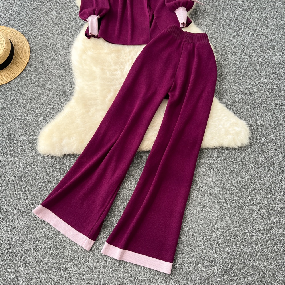 Knitted tops round neck long pants 2pcs set