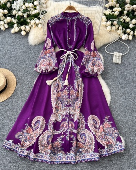 Western style printing dress pinched waist long dress