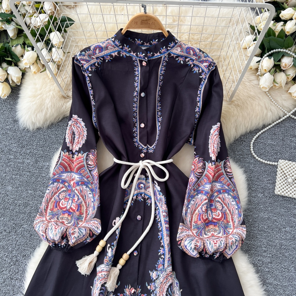 Western style printing dress pinched waist long dress