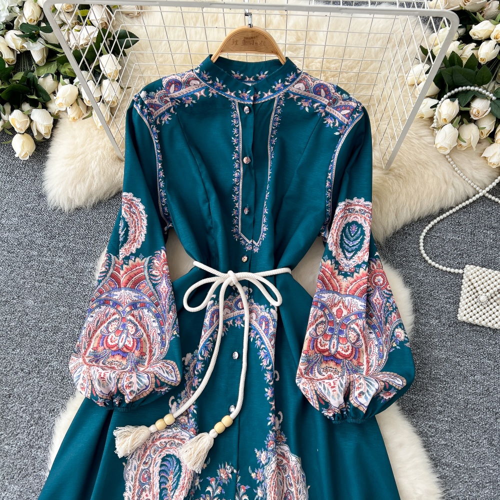 Western style printing dress pinched waist long dress