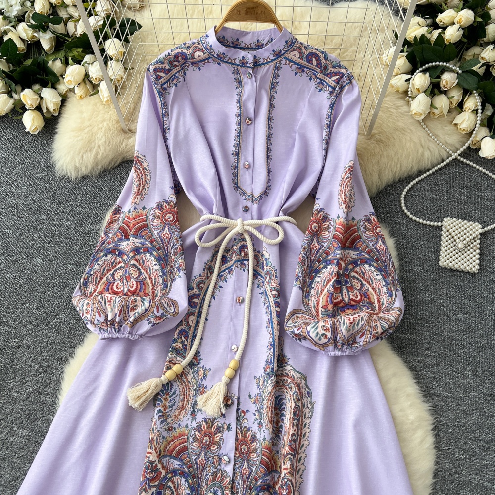 Western style printing dress pinched waist long dress