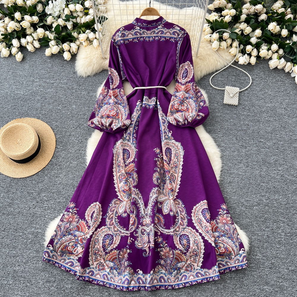 Western style printing dress pinched waist long dress