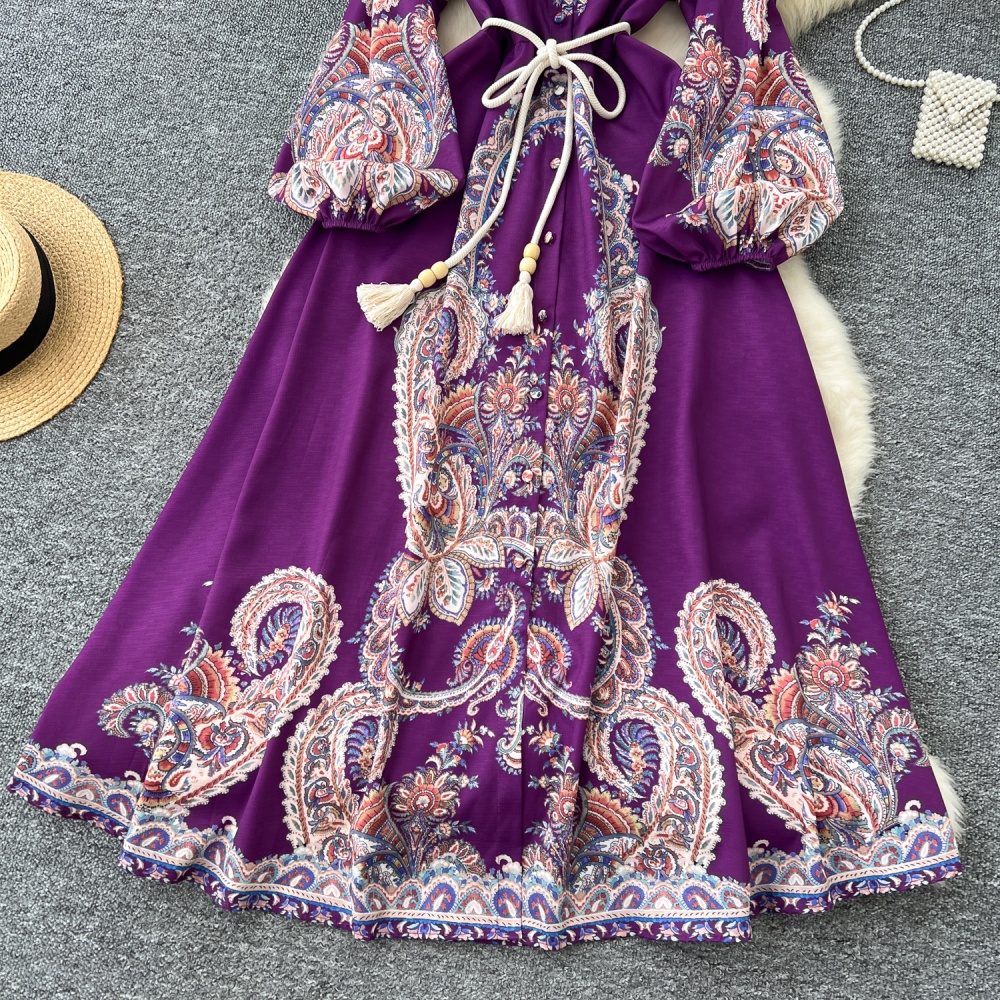 Western style printing dress pinched waist long dress