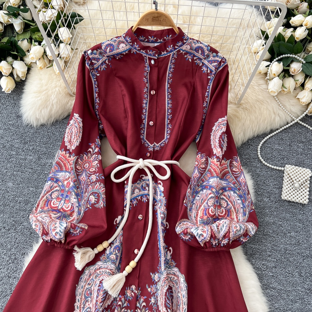 Western style printing dress pinched waist long dress