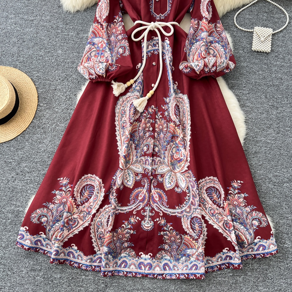 Western style printing dress pinched waist long dress