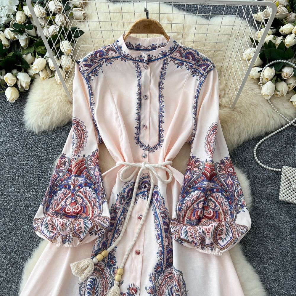 Western style printing dress pinched waist long dress