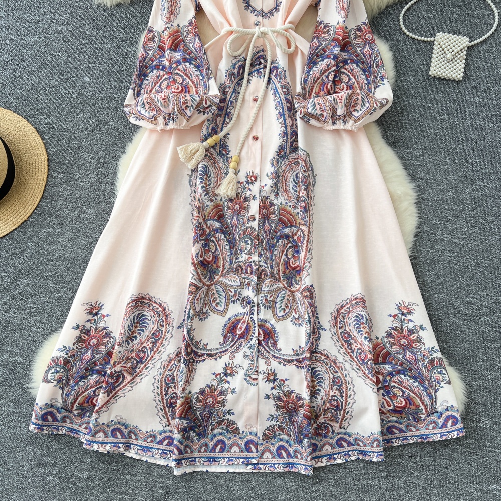 Western style printing dress pinched waist long dress