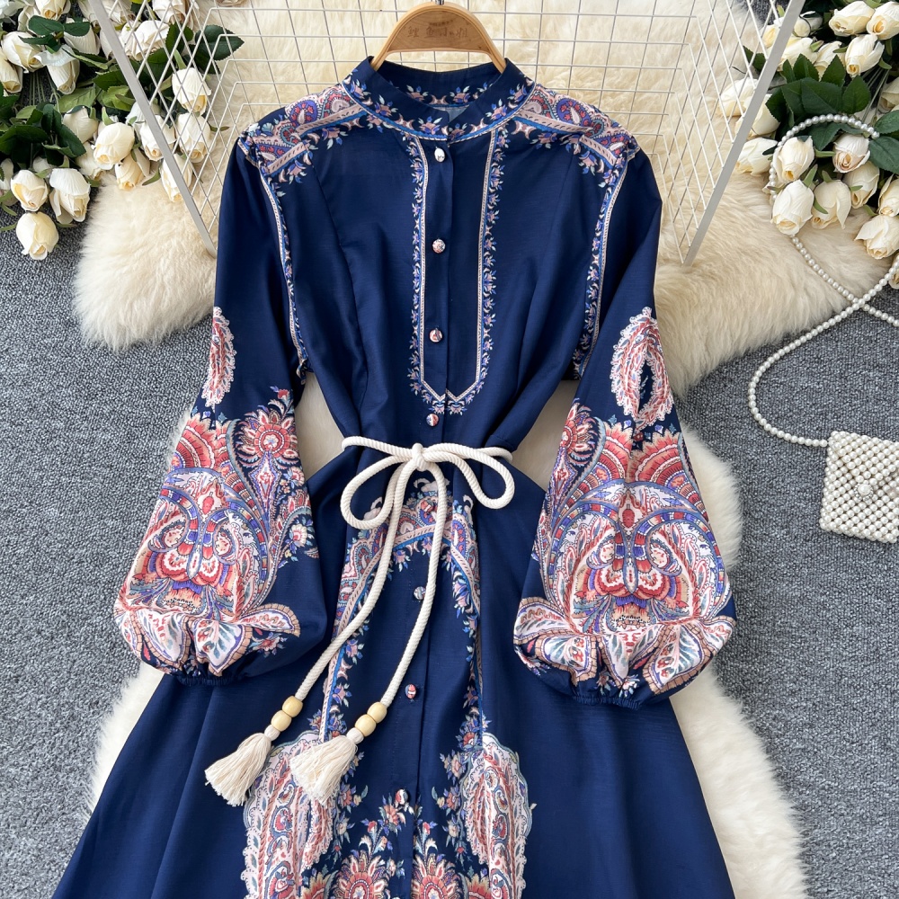 Western style printing dress pinched waist long dress