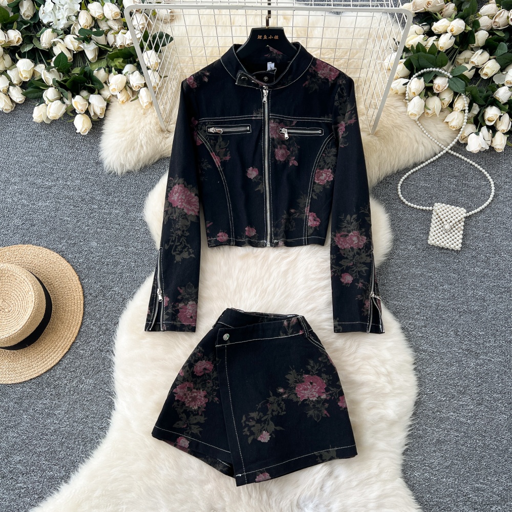 Slim retro coat denim wide leg jacket 2pcs set for women