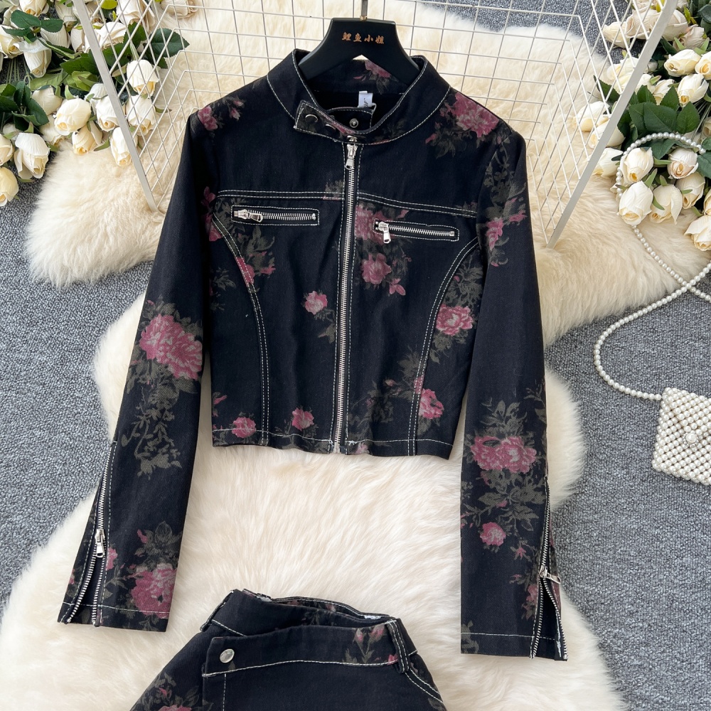 Slim retro coat denim wide leg jacket 2pcs set for women