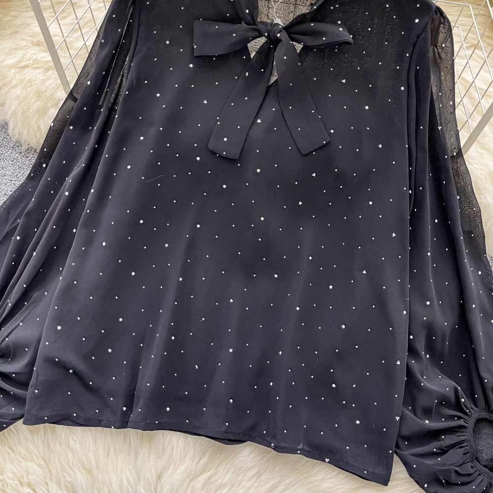 Slim polka dot bow shirt lantern sleeve tender tops