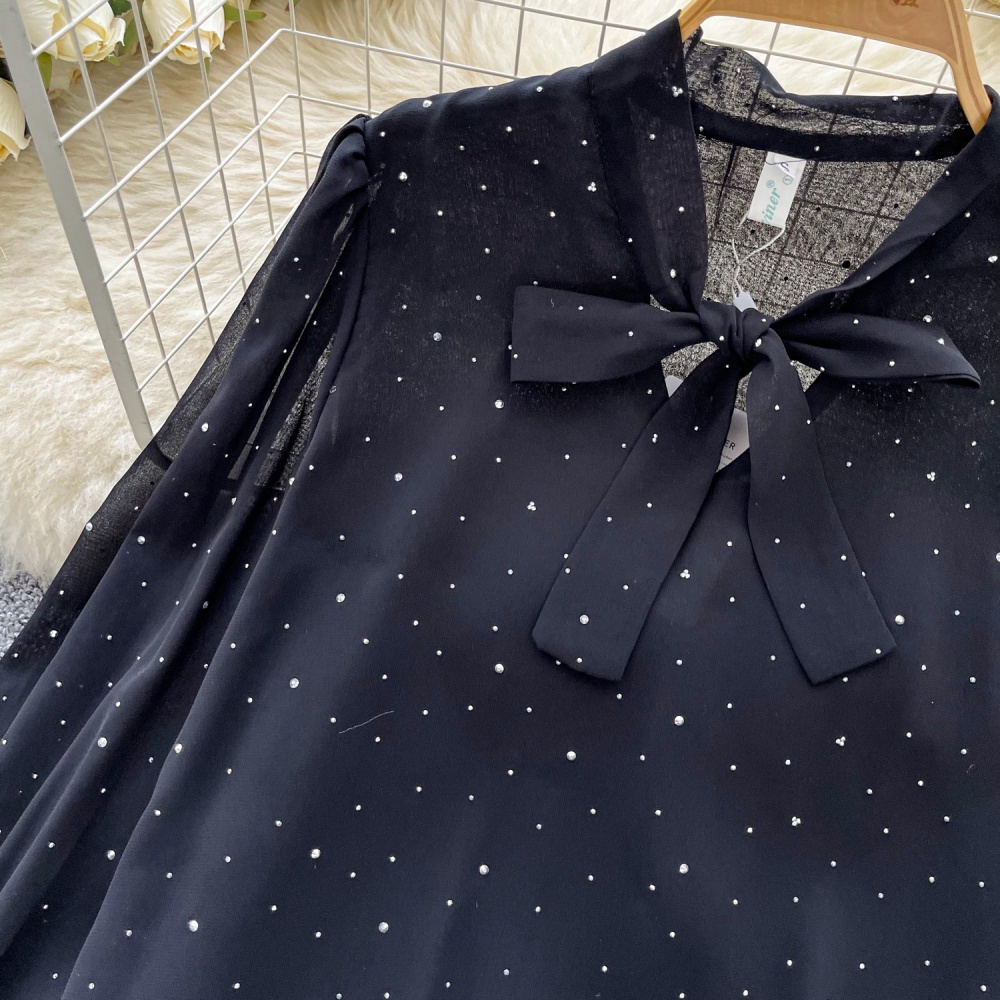 Slim polka dot bow shirt lantern sleeve tender tops