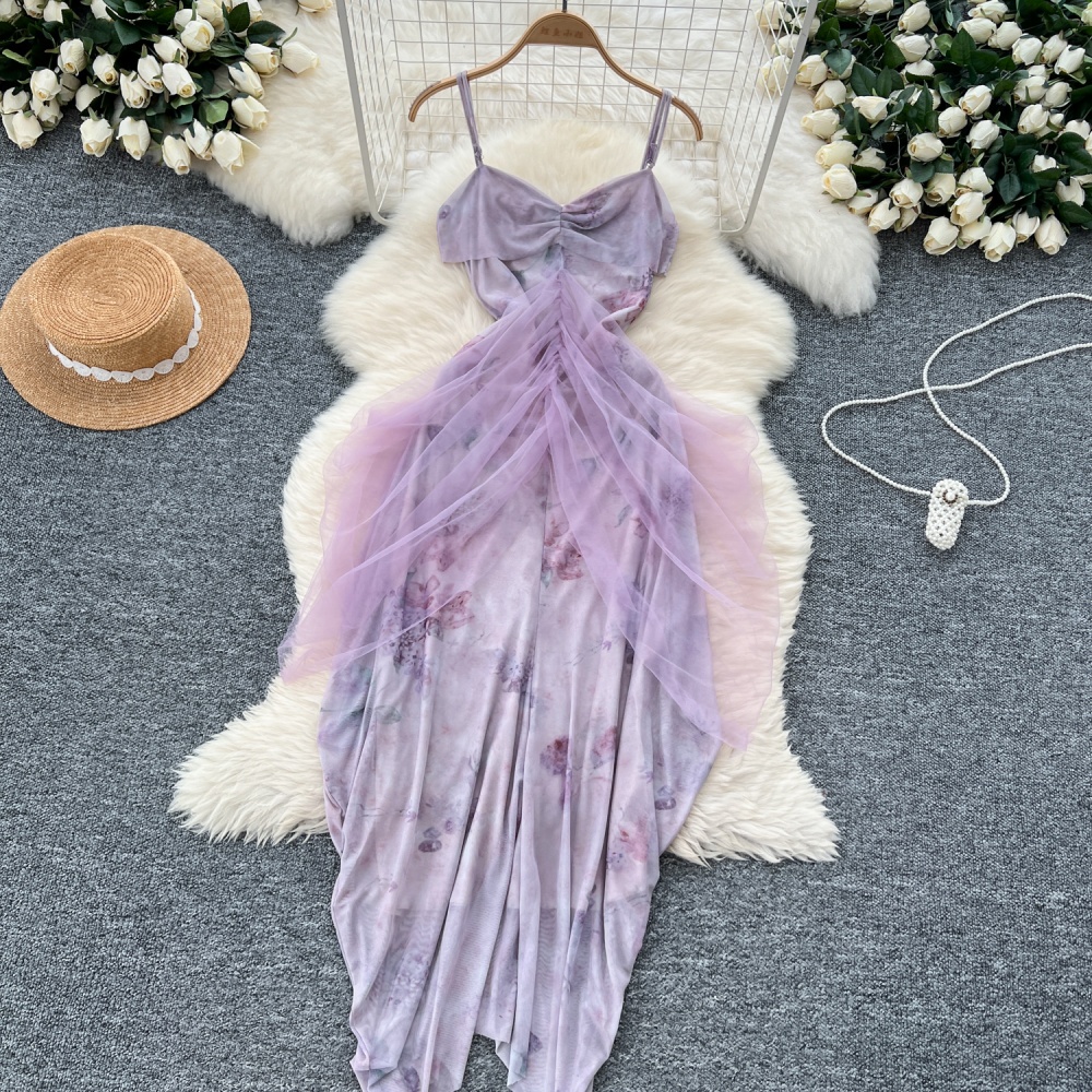 Gauze temperament sling vacation splice dress