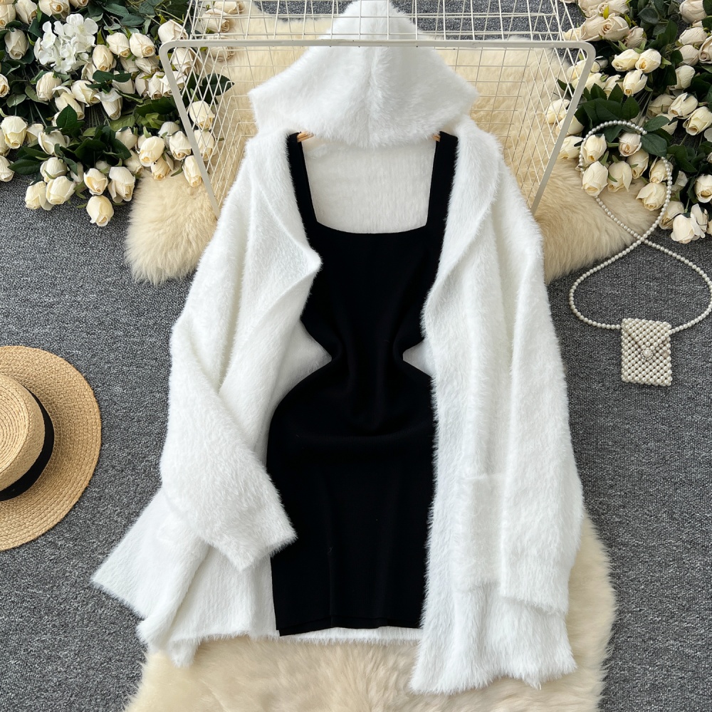 Bottoming plush dress hooded sweater 2pcs set for women