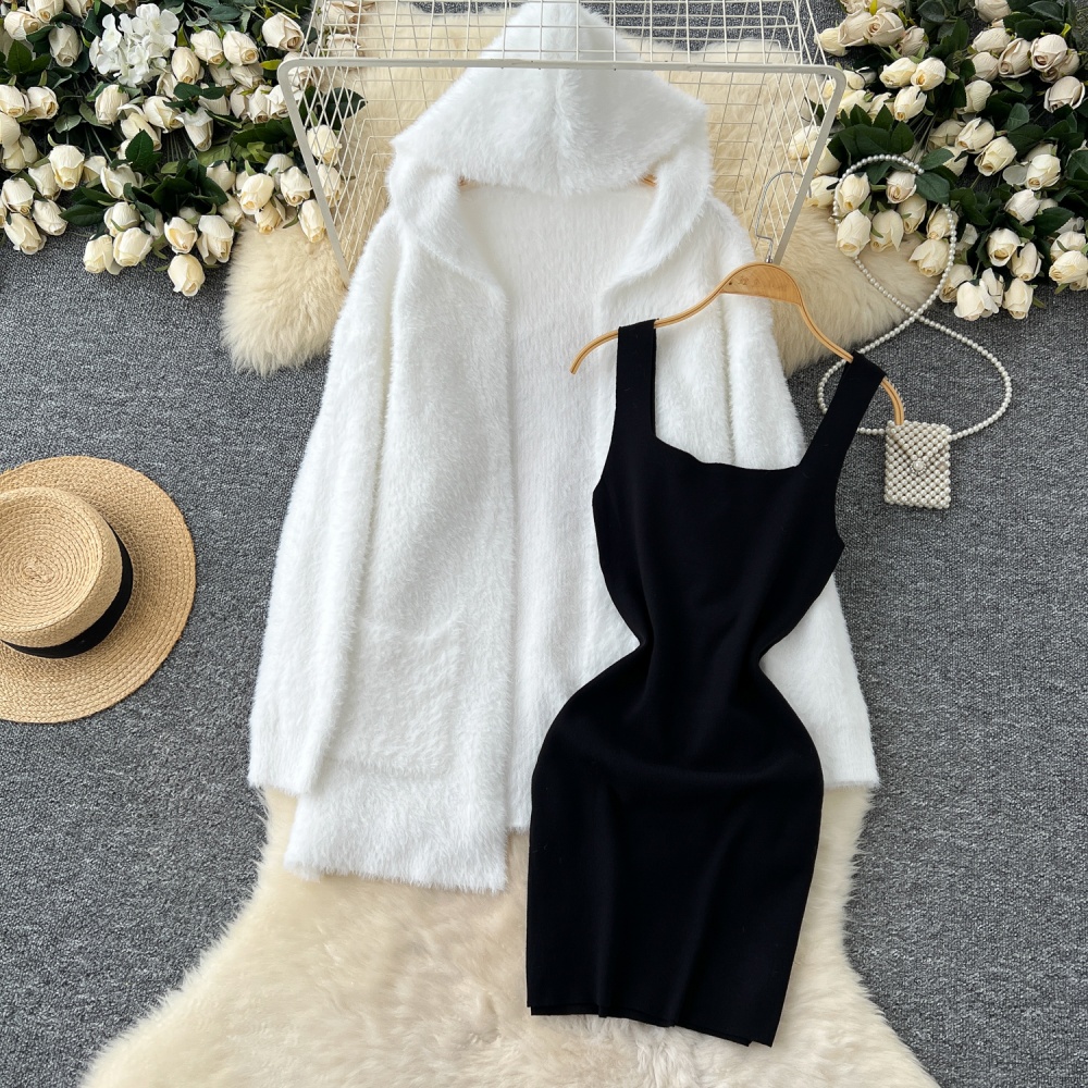 Bottoming plush dress hooded sweater 2pcs set for women