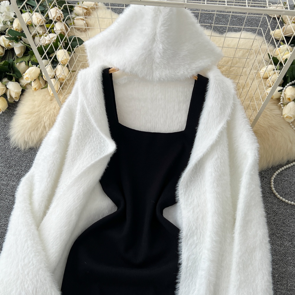 Bottoming plush dress hooded sweater 2pcs set for women